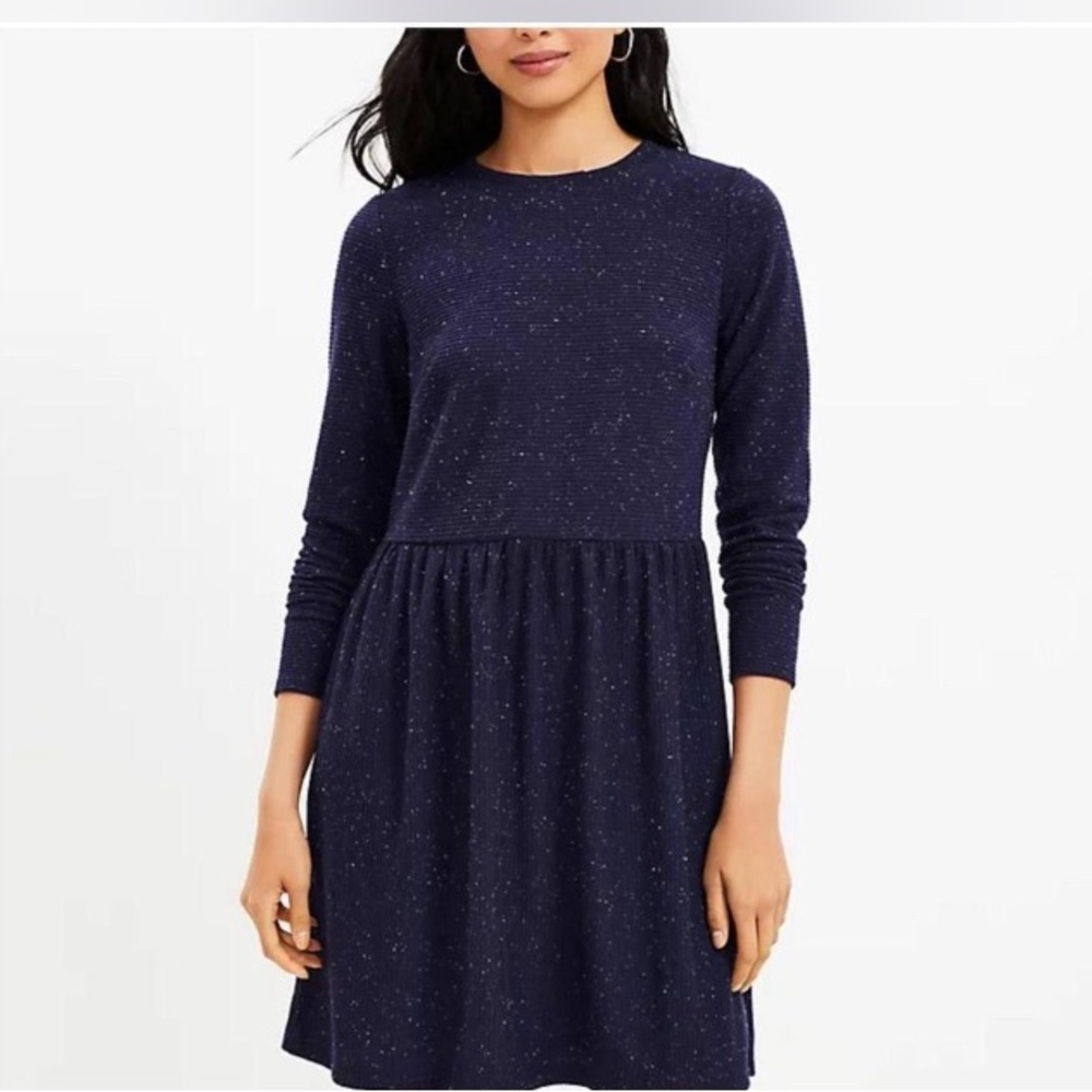 LOFT Midnight Blue Long Sleeve‎ Dress size L P flecks and back buttons warm knit
